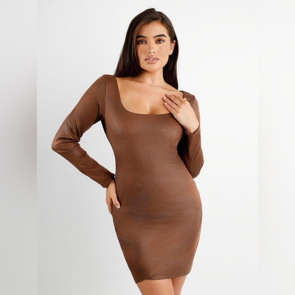 NWT Popilush Brown Faux Suede Long Sleeve Dress